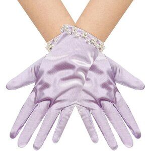 Women's Lavender Satin Pearl Short Length Gloves Wedding Banquet Party Prom